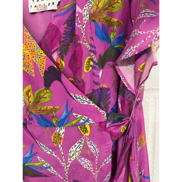 Tanya Taylor Sz 4 Pink Leaves Floral Print Silk Ruffled Hi-Low Wrap Midi Dress - Picture 7 of 7